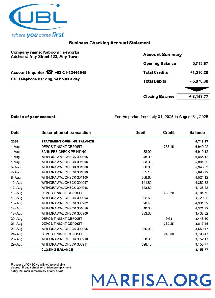 Realistic United Kingdom United Bank Ltd (UBL) company checking account statement Word and PDF template